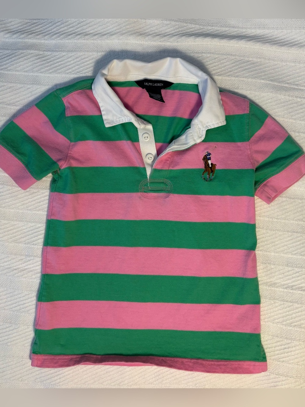 Ralph Lauren Size 6x Knit Polo Shirt Pink Green Stripe Big Pony Logo Girl Cotton